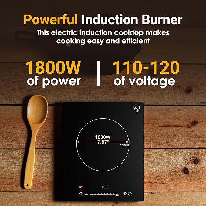 K&H Single Induction Cooktop - Built-In Electric Stove Top with 9 Heating Levels - 120V & 1800W Built-in Single Burner Ceramic Glass Induction Cooktop - Touch Control, Timer & Child Lock, SIN-1801