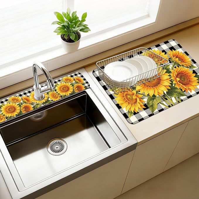 3 Pcs 2 Size Kitchen Sink Splash Guard Faucet Mat Plaid Sunflowers Pattern by CONCHLERY%E6%97%97%E8%88%B0%E5%BA%97