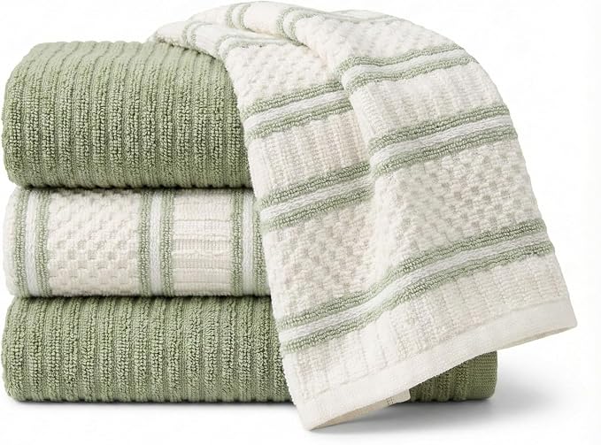 Kitchen Towels, Cotton Hand Towels, Sage Green and Cream Ribbed by MosJos