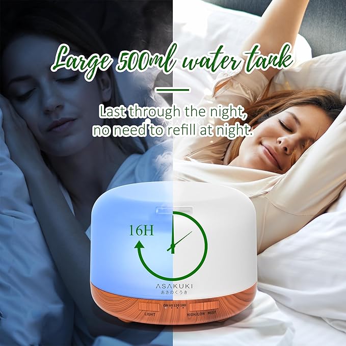 ASAKUKI Oil Diffuser with Essential Oils Set, 500ml Aromatherapy Humidifier | - Image 4