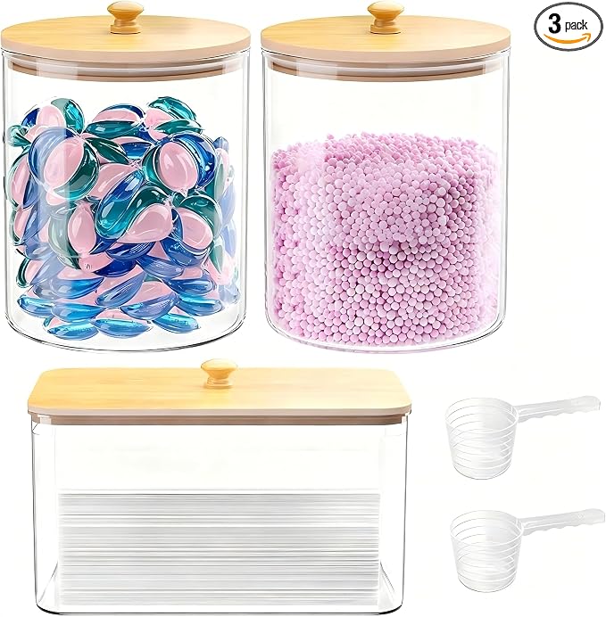 2+1 Pack Glass Laundry Pods Container & Acrylic Dryer Sheet Holder, Powder by Unknown
