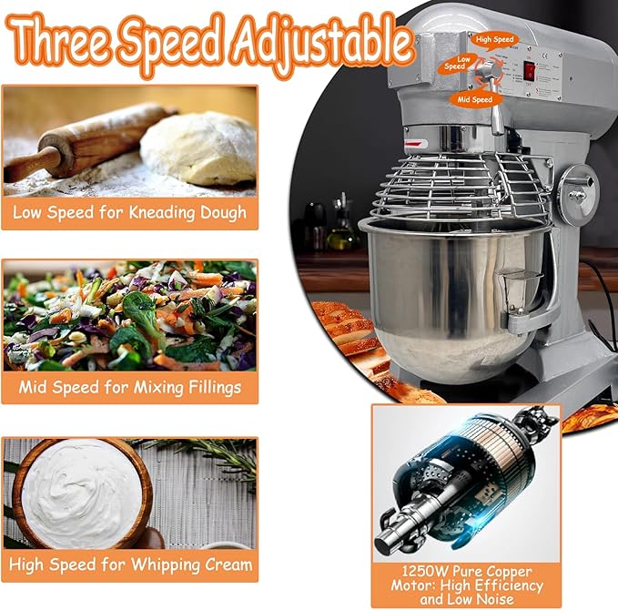 30QT Commercial Dough Kneading Mixer 3-Speed Adjustable Heavy Duty Stand Mixer 110V 1.25KW Electric Dough Kneading Machine with 3 Types of Mixing Tools and Stop-on-Open Lid
