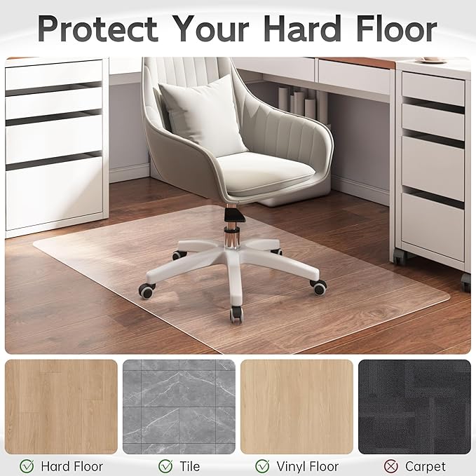 Office Chair Mat for Hardwood Floor, 46”x 60” Crystal Clear Hard Floor Chair Mat, Transparent Floor Protector Mat Flat Without Curling