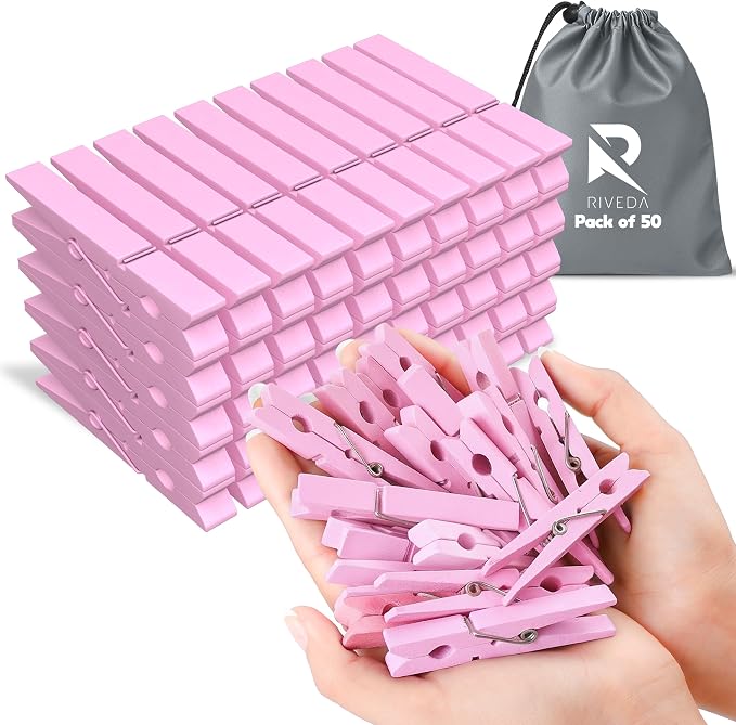 50 Pack Colored Clothes Pins Wooden by RIVEDA