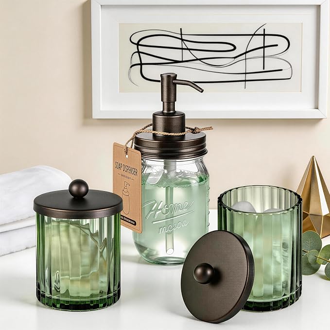 Amolliar Green Glass Qtip Holder Apothecary Jar Metal Lid - Image 8