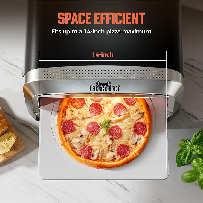 BIG HORN OUTDOORS Pizza Oven Indoor, 14 Inch Electric Countertop Pizza Oven with 6 Preset Modes, Perfect Pizza Maker Machine for Home, Pizza Cooker with Pizza Stone and Pizza Peel, Stainless Steel