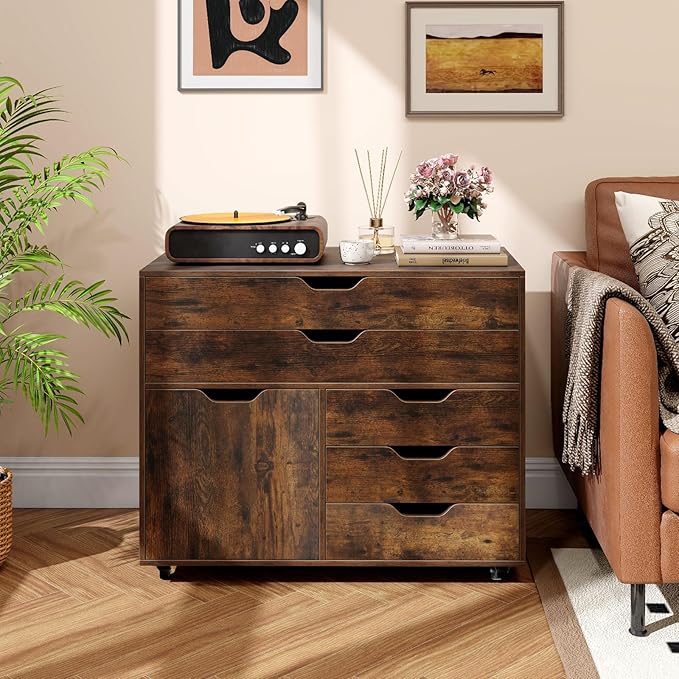 File Cabinet, Rustic Filing Cabinet w/Universal Wheels, Wood Printer Stand w/Storage, Rolling File Cabinets for Home Office, Living Dining Room (Rustic Brown, 2 Large Drawers & 3 Small Drawers)