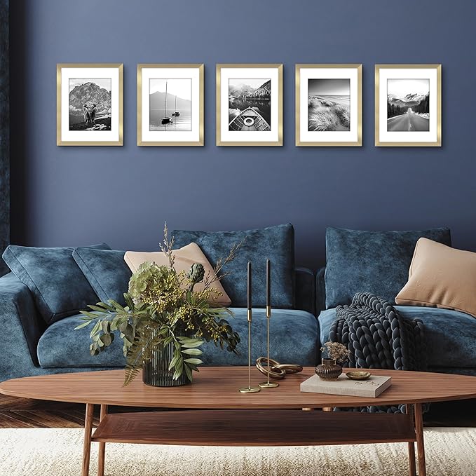 Americanflat 11x14 Picture Frame with Polished Plexiglass - Set of 5 - Use as 8x10 Frame with Mat or Display 11x14 Photo Without Mat - Galleria Collection - Picture Frames for Wall Display - Gold
