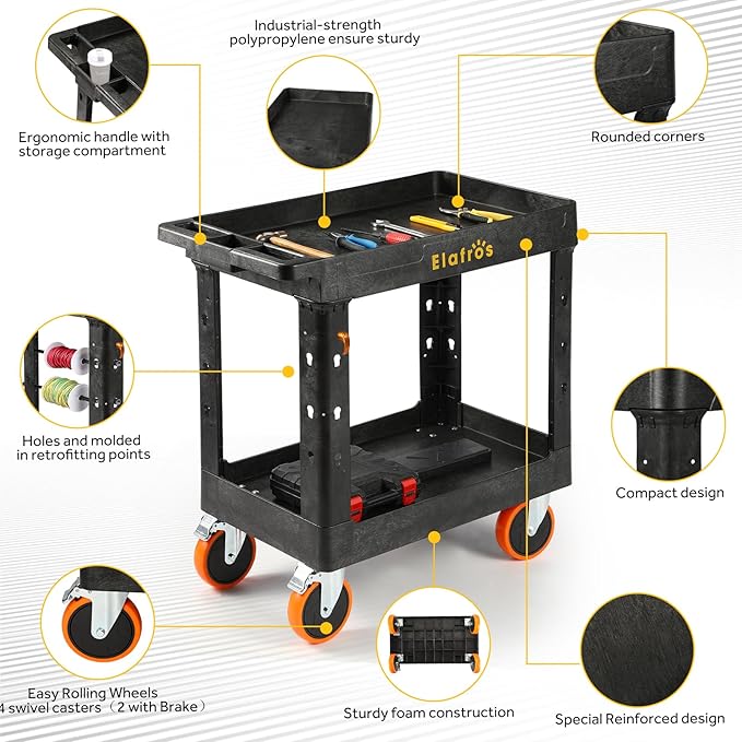 ELAFROS Heavy Duty Plastic Utility Cart 34 x 17 Inch - Work Cart Tub Storage W/Deep Shelves and Full Swivel Wheels Safely Holds up to 550 lbs - 2 Tier Service Cart for Warehouse with 6" Caster