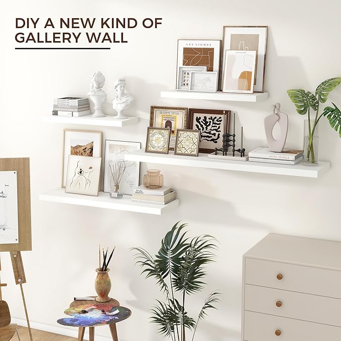 Floating Shelves for Wall 36"W x 7.8"D x 1.5"H, Engineered Wood Wall Shelves with Invisible Brackets for Living Room Bedroom Bathroom Office Kitchen Decor and Storage, White Finish, Set of 2