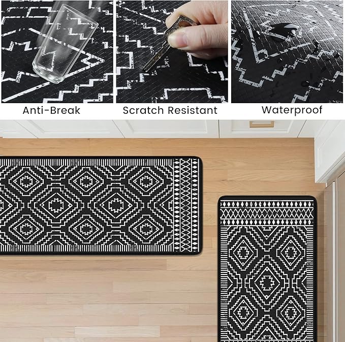 KIMODE Anti Fatigue Kitchen Mat,Black Boho Kitchen Rugs Non Slip Sets of 2,Kitchen mats for Floor Cushioned,Morocco Geometric Memory Foam Cushioned Standing Mats for Sink,Laundry,Office