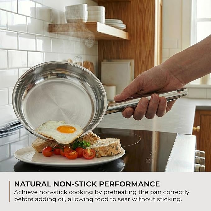 Sunhouse 10 Inch Tri-Ply Stainless Steel Frying Pan, Whole-Clad No Coatings Skillet with Stay-cool Handle for Cooking, Durable & Oven Safe to 500°F, Dishwasher Safe, Compatible with All Cooktops