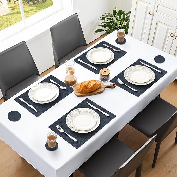 MOSAYT Faux Leather Placemats Set of 6, Heat Resistant Wipeable Washable Vinyl Place Mats with Coasters, Waterproof Oil Proof Table Mats for Kitchen Dining Party Outdoor, 12" x 17", Navy Blue