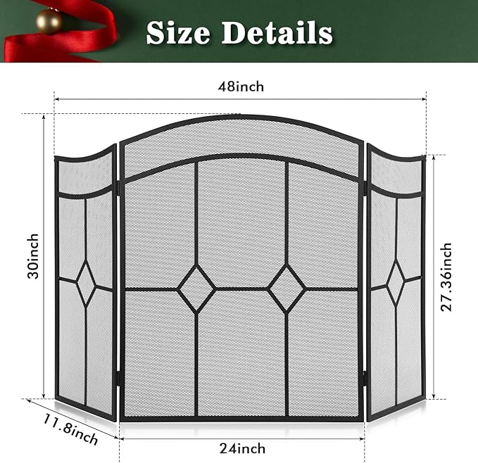 FEED GARDEN 3 Panel Fireplace Screen Wrought Iron 48" W x 30" H Foldable Heavy Duty Fire Spark Guard Cover with Metal Decorative Mesh for Living Room, Home Decor Indoor, Black