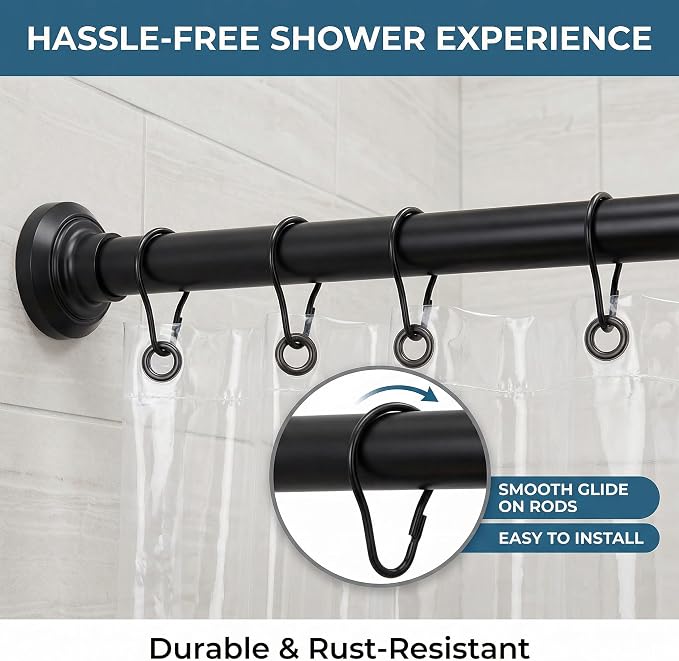 Black Shower Curtain Rings Metal Hooks Ring Rustproof - Image 2