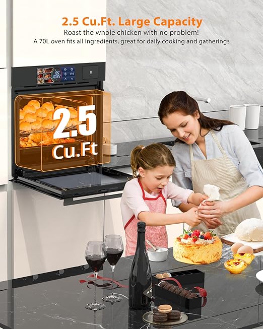 24 Inch Built-in Electric Single Wall Oven, 2.5 Cu.ft Convection Oven with 8 Cooking Functions, 360° Rotating Rotisserie
