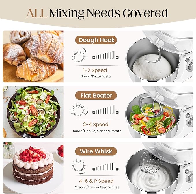800W Stand Mixer with 5.3QT Stainless Steel Bowl - 6+P Adjustable Speed Electric Kitchen Mixer with Dough Hook, Whisk & Beater, Tilt-Head & Non-Slip Design- White (YD-385NS)