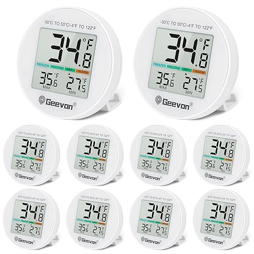 Geevon Small Digital Refrigerator Thermometer 10 Pack, IP65 Waterproof Commercial and Home Use, Max/Min Record Function with LCD Screen, Stand and Magnetic Back, for Fridge, Freezer Scenarios