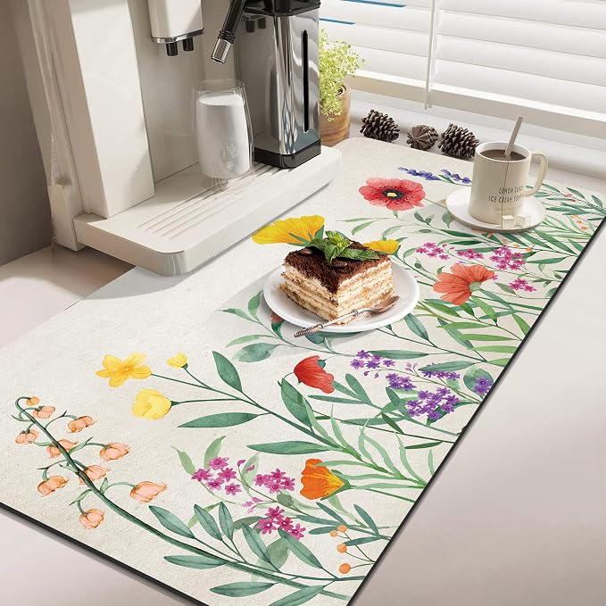 LOKHOM 17"x32" Dish Drying Mat，Colorful Floral Coffee Mat | Ultra Absorbent - Image 4