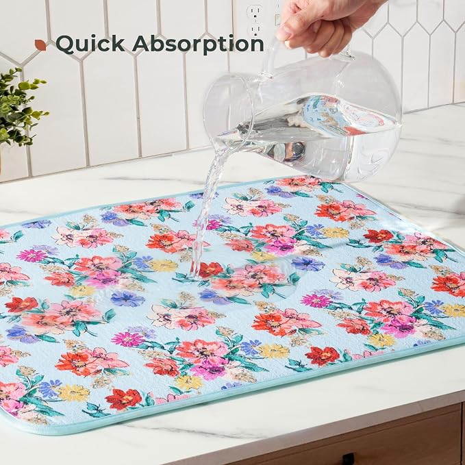 FRESHMINT Dish Drying Mats 2 Pack, Checkerboard Floral | Quick Dry, Ultra - Image 4