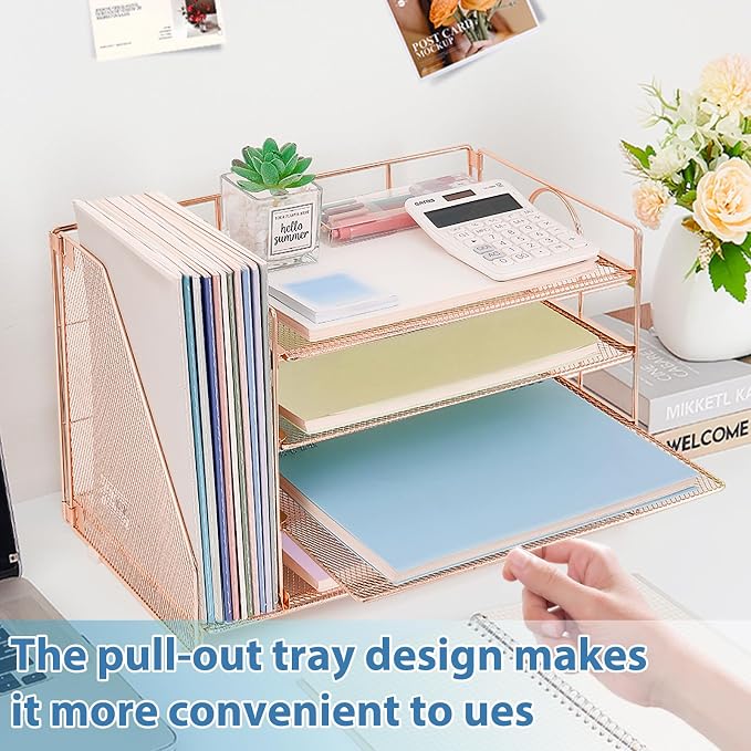 OPNICE Desk Organizer, 4-Tier Paper Organizer Letter Tray, Rose Gold | Desk - Image 5