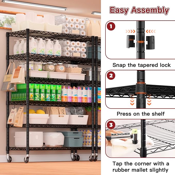 PrimeZone 6 Tier Wire Shelving with Wheels 78''H 1500lbs Storage Shelves NSF Certified Heavy Duty Steel Metal Shelf Adjustable Rolling Rack Kitchen Garage Closet Pantry Laundry 78''HX36''WX18''D 4Pcs