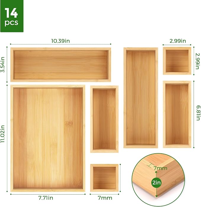 MapleGrace Bamboo Drawer Organizer Set, Storage Trays Containers - Image 6