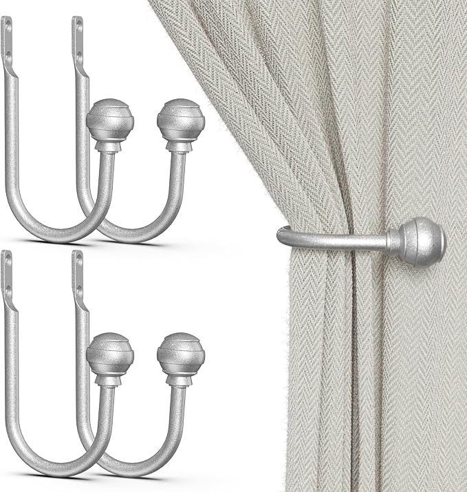 Hion Curtain Holdbacks Silver 4pcs, Curtain Tiebacks Wall Mounted Hooks | by Hion
