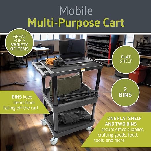 Pearington 3-Shelf Multipurpose Mobile Utility Cart with 2 Bins and Lockable Wheels, Heavy-Duty Plastic Rolling Presentation Cart for Offices and Warehouses, Black