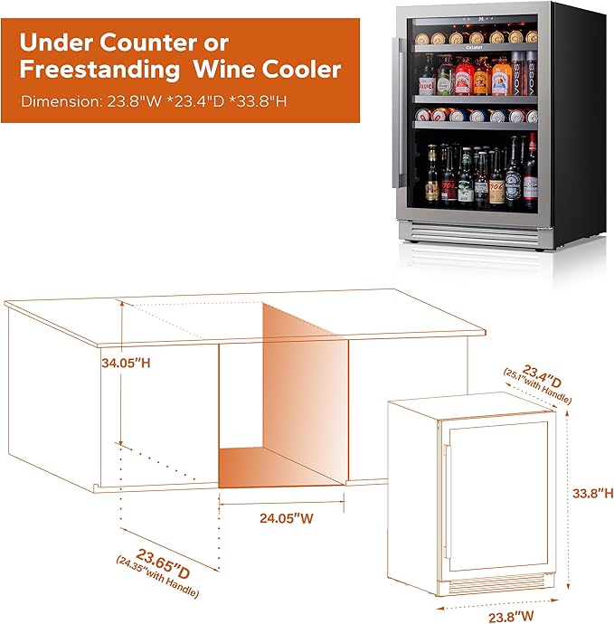 Ca'Lefort 24 Inch Beverage Refrigerator, 180 Can 34°F -54°F Beverage Fridges, Drink Fridge with Glass Door 3 LED Beverage Coolers Built in or Freestanding, Perfect for Home/Kitchen(Right-Hinged)