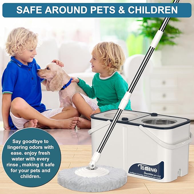 Gen 1 Large-Capacity Spin Mop and Bucket – for Big Homes & Deep Cleaning Days,4-Chamber System Separates Dirty & Clean Water, 2-GAL Heavy-Duty Design with Wheels & 10 Refill Mop Heads - White/Blue