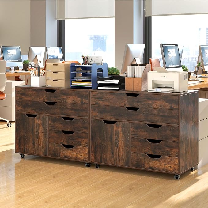 File Cabinet, Rustic Filing Cabinet w/Universal Wheels, Wood Printer Stand w/Storage, Rolling File Cabinets for Home Office, Living Dining Room (Rustic Brown, 2 Large Drawers & 3 Small Drawers)