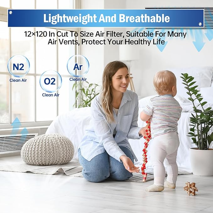 Air Vent Filter, 2 Pack 20"X120" Cut to Size MERV 8 Triple Air Filter Material, Blue & White Electrostatic Vent Filter Kit for Home Floor, Ceiling, Grilles, HVAC Vent, Compression Packing