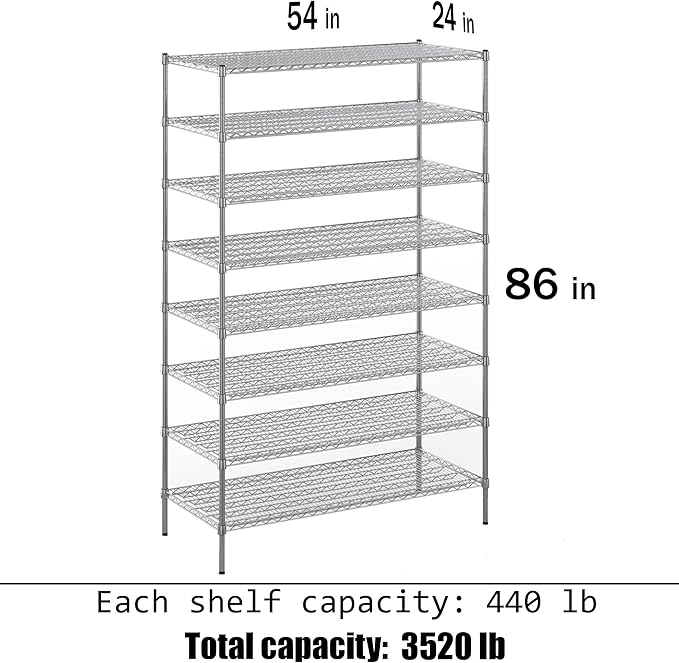 24" Deep x 54" Wide x 86" Height Wire Shelving Kit | 8-Tier | NSF Commercial Storage Rack Unit