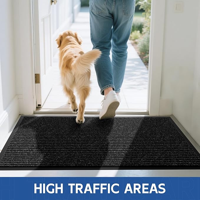 Front Door Mat, 10' x 3' Heavy Duty Indoor Outdoor Door Mat Entrance, Commercial Welcome Mats, Stain and Fade Resistant, Durable Rubber Backing, Low Profile Entry Mat for Patio, Black Stripe
