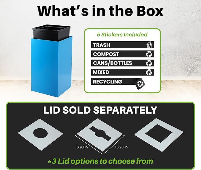 Alpine Commercial Indoor Recycle Bin with Lid - 29 Gallon Blue Recycle Bin Recycle Trash Can Office Recycling Bins, Metal Recycling Container with Stickers & 3 Optional Lids Sold Separately