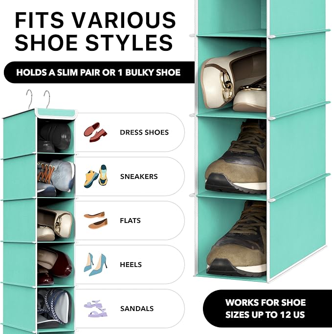 Simple Houseware 10 Shelves Closet Hanging Shoe Organizer, Turquoise | Dual - Image 4