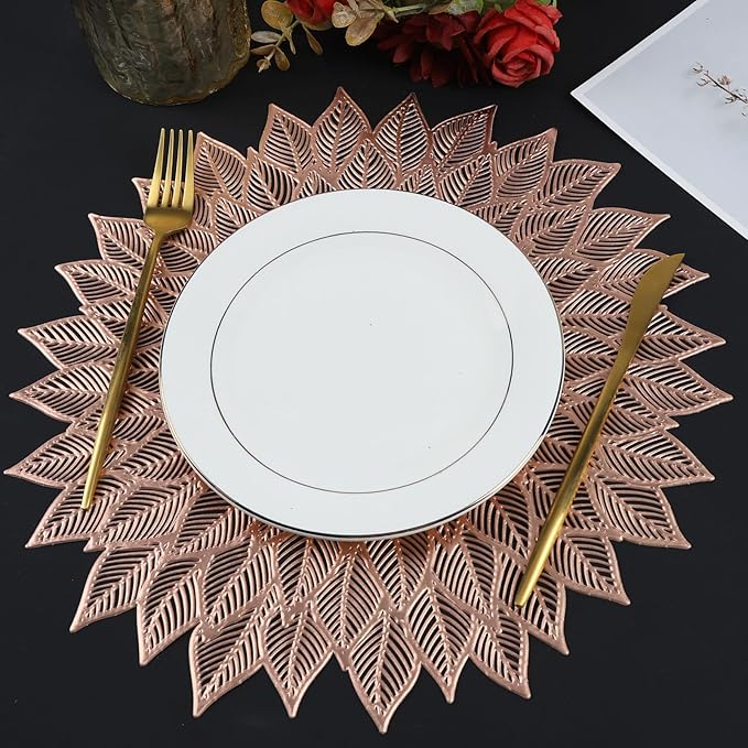 Placemats Set of 6, Round Hollow Out Flowers Place Mats for Dining Table Pressed Vinyl Blooming Leaf Table Mats for Holiday Party Wedding Accent Centerpiece Dinner Table Decoration (Rose Gold)