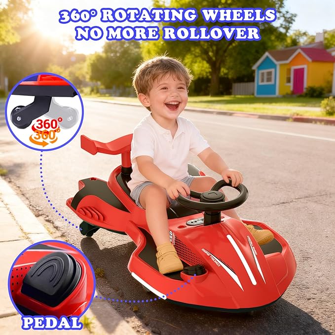 12V Electric Wiggle Car Ride On Toy, Swing Car with Pedal, for Kids from Ages 3 and Up, Birthday Gifts for Boys and Girls, Anti-Rollover, Flashing Wheels, Bluetooth(Black+Red)