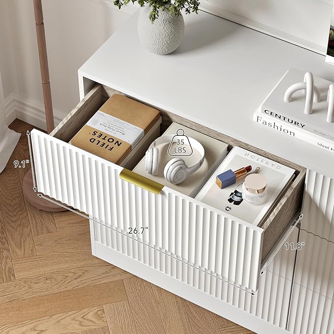 6 Drawers Fluted Dresser for Bedroom, 55" Wide Wooden Dresser with Deep Drawers, Large Floor Chest of Drawers, Modern Long TV Stand, Storage Cabinet Side Table, White