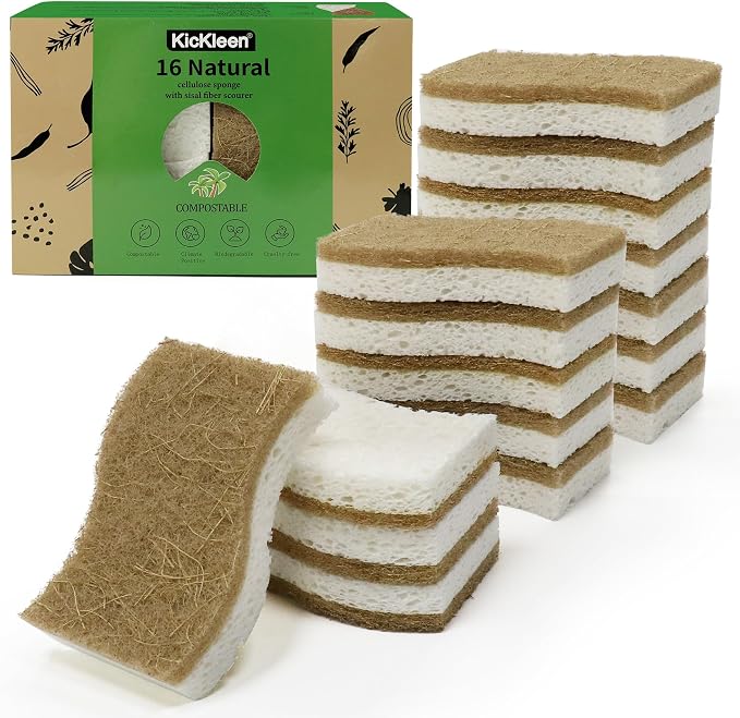 16 Pack Biodegradable Natural Dishsponge Kitchen Sponges | Compostable by KICKLEEN