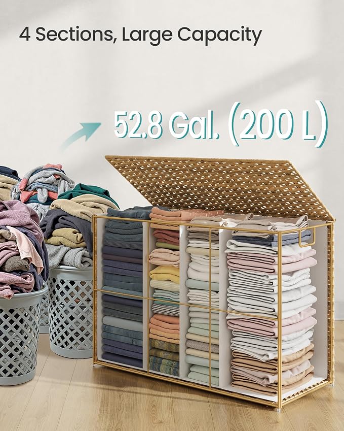 SONGMICS Laundry Hamper with Lid, 200L 4-Section Wicker Basket, 6 Mesh Bags - Image 4