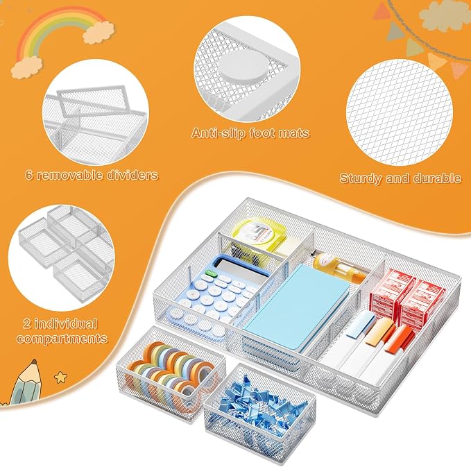 Marbrasse Mesh Desk Drawer Organizer Tray 3 Packs, 9 Adjustable Compartments - Image 4