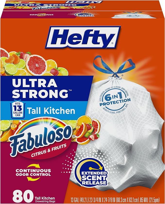 Hefty Ultra Strong 13 Gal Kitchen Trash Bags, Fabuloso Citrus, 80ct | 13G Tall by Hefty
