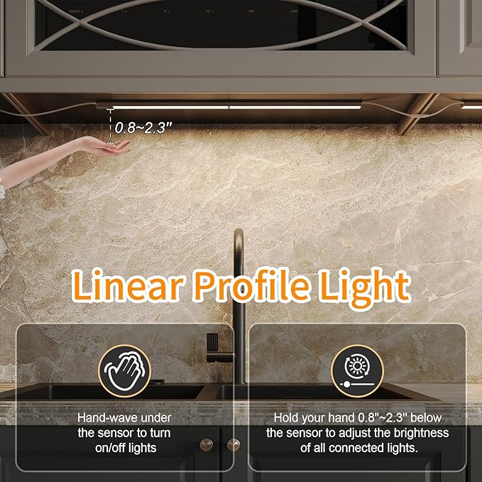 LUMILAND 6 Pcs 12-inch Led Under Cabinet Lighting Plug-in with Hand Wave, Dimmable 6000K Cold White Under Counter Lights Linkable with Memory Function for Kitchen