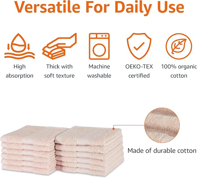 Amazon Basics Fade-Resistant 100% Cotton Washcloths, Machine Washable, Blush - Image 2