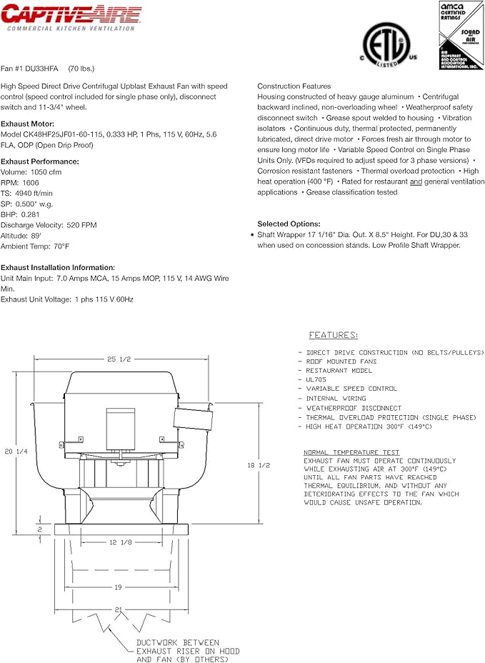 Food Truck Low Profile Exhaust Hood System Includes a stainless steel exhaust hood, an exhaust fan, an adjustable duct section, and installation hardware (7' Long Hood & Fan)
