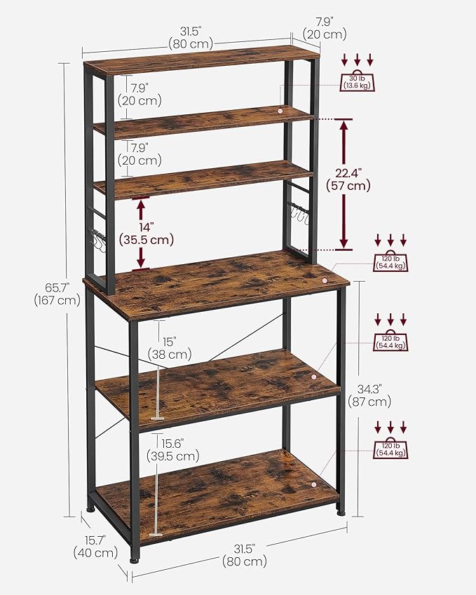 VASAGLE Coffee Bar, 31.5 Inches Baker's Rack for Kitchen with Storage, 6-Tier Kitchen Shelves with 6 Hooks, Microwave Stand, Industrial, Rustic Brown and Ink Black UKKS019B01
