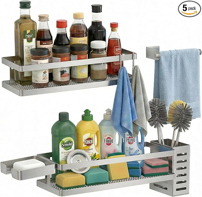PUSDON 5-in-1 Shower Caddy & Kitchen Organizer Set, Wall Mount Wide Spice Rack by PUSDON