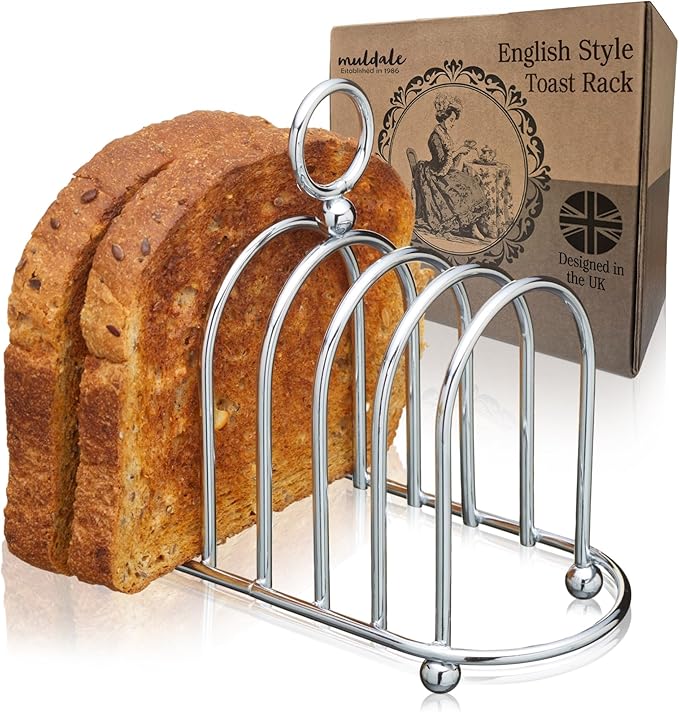 Muldale Toast Rack English Style - Victorian Chrome Holder for 6 Slices - Vintage Sturdy Stainless Steel Toast Stand with Ball Feet - British Caddy - 0.5" Wide Gap